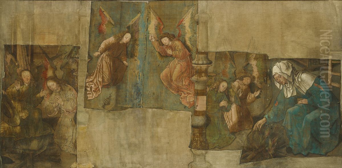 De vrouw gooit het braaksel en het vuur; wierooktoezwaaiende engelen; De vrouw pakt de hostie uit het vuur-The miracle of Amsterdam Oil Painting by Jacob Cornelisz Van Oostsanen