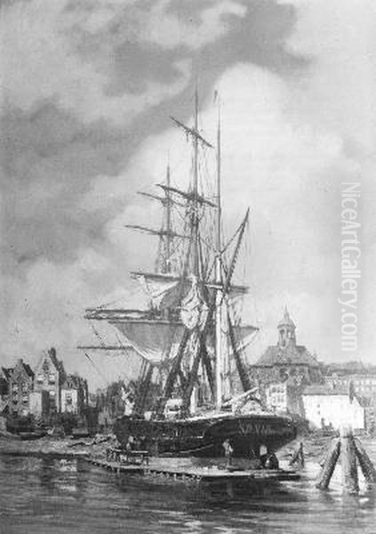 De scheepswerf 'Het wapen van Amsterdam', gezien over de Kattenburgervaart vanuit het Westen met op de achtergrond de Oosterkerk Oil Painting by Hendrik Willebrord Jansen