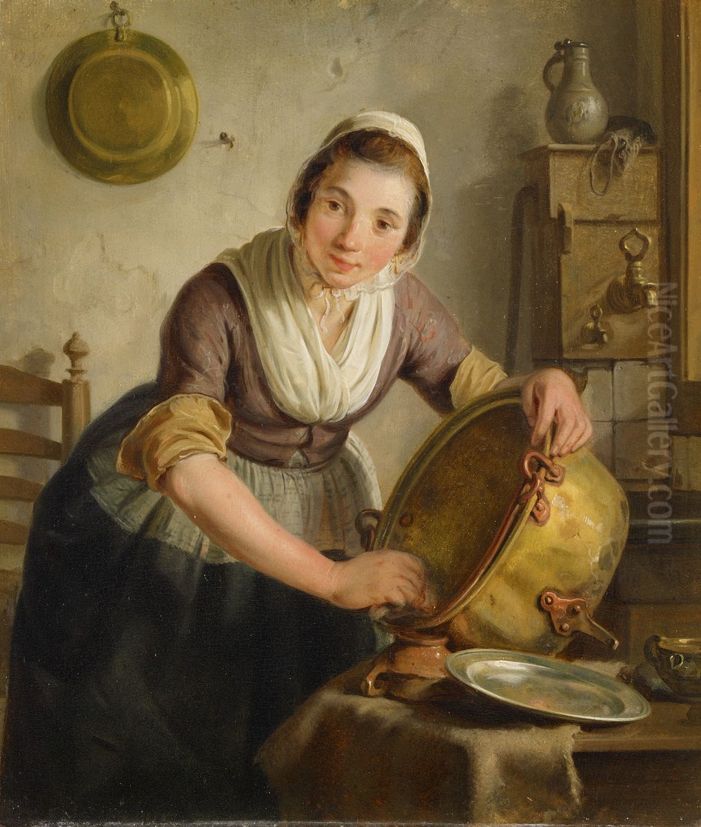 Woman scrubbing a kettle Oil Painting by Adriaan de Lelie