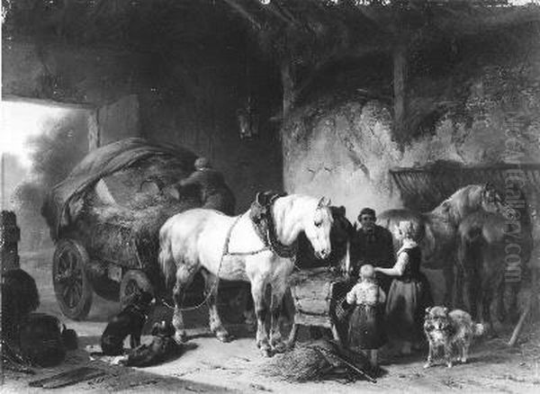 Een vrachtwagen en enige paarden in een stal Oil Painting by Wouterus Verschuur