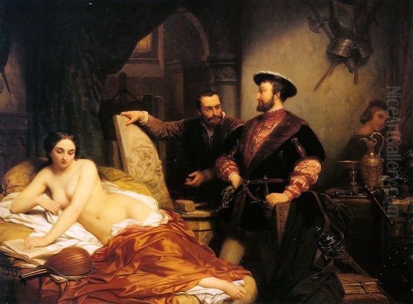 Frans I op bezoek in de werkplaats van Benvenuto Cellini, terwijl deze naar een vrouwelijk model werkt Oil Painting by Nicaise de Keyser