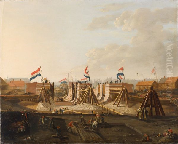 The construction of the Oosterdokssluis, viewed from the north Oil Painting by Petrus Kiers
