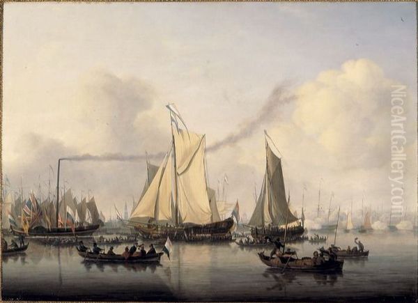 De eerste stoomboot op het IJ Oil Painting by Nicolaas Baur