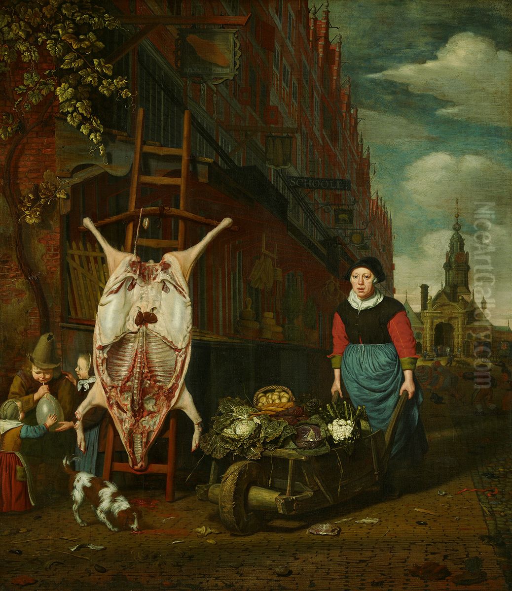 Het varken op de leer met gezicht op de Haarlemmerpoort-The Haarlemmerdijk with a pig on a stepladder Oil Painting by Michiel van Musscher