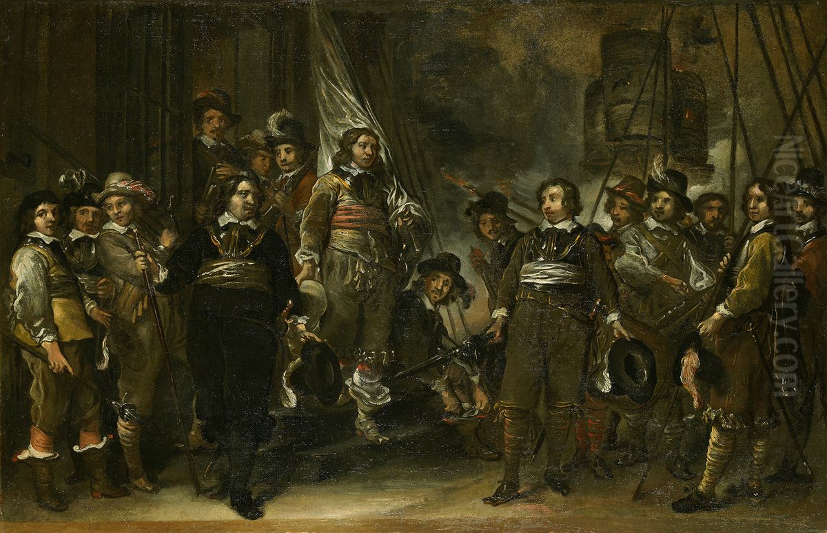 Schets voor een schuttersstuk-Viering van de Vrede van Munster door de schutterij van Jan Huydecoper (voorstudie)-Sketch for a Civic Guard group portrait Oil Painting by Govert Flinck