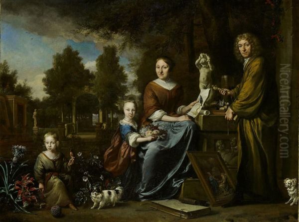 Agnes Block (1629-1704), Sybrand de Flines (1623-1697) en twee kinderen op de buitenplaats Vijverhof Oil Painting by Jan Weenix