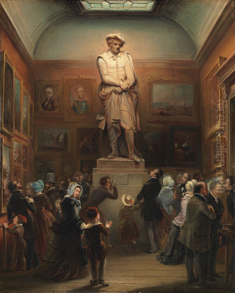 De tentoonstelling van het gipsmodel van het standbeeld van Rembrandt op de tentoonstelling van kunstwerken van levende meesters, in de Koninklijke Akademie van Beeldende Kunsten te Amsterdam in 1848. Oil Painting by Jan Baptist Tetar van Elven