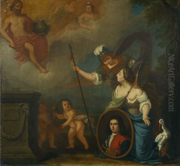 Allegorische voorstelling met zelfportret in wezenkleding Oil Painting by Juriaen Pool