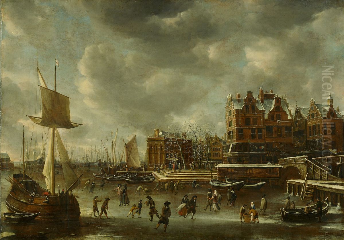 The river IJ at New Bridge, looking east Oil Painting by Jan Abrahamsz Beerstraaten