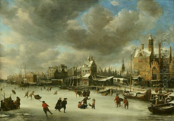 Het Paalhuis en de Nieuwe Brug, gezien vanaf het IJ Oil Painting by Jan Abrahamsz Beerstraaten