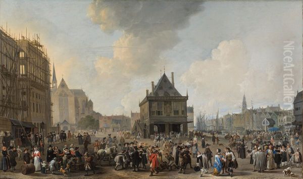 Dam Square with the new Town Hall under Construction Oil Painting by Johannes Lingelbach