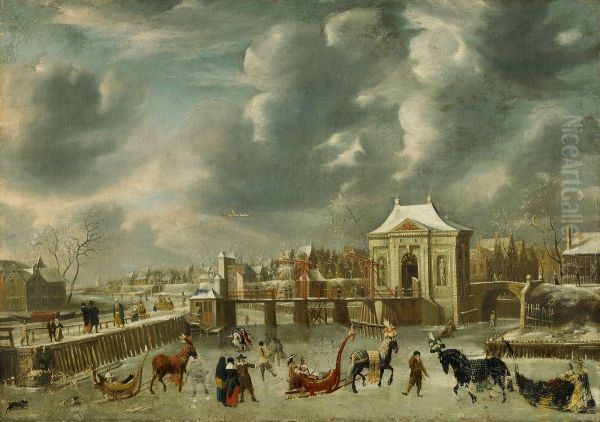 Stadsgracht met Heiligewegspoort in de winter-Stadsgracht met Heiligewegspoort, gezien van de zijde van de Herengracht-Heiligewegspoort in winter Oil Painting by Jan Abrahamsz Beerstraaten