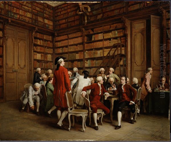 De encyclopaedisten in de bibliotheek van de koning Oil Painting by Eugene Fichel