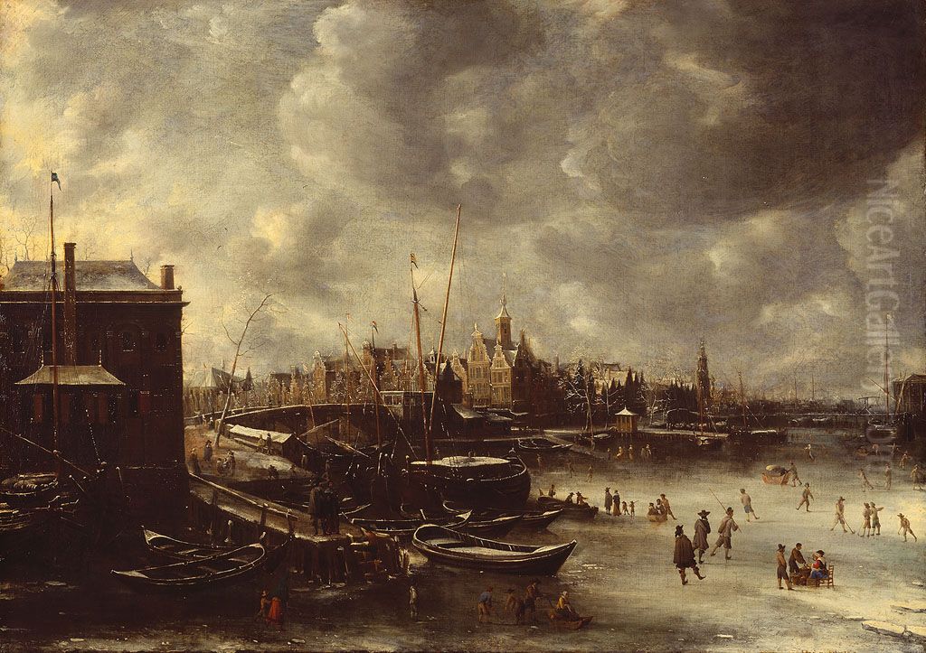 Het IJ bij de Nieuwe Brug in de winter, gezien naar het westen Oil Painting by Jan Abrahamsz Beerstraaten