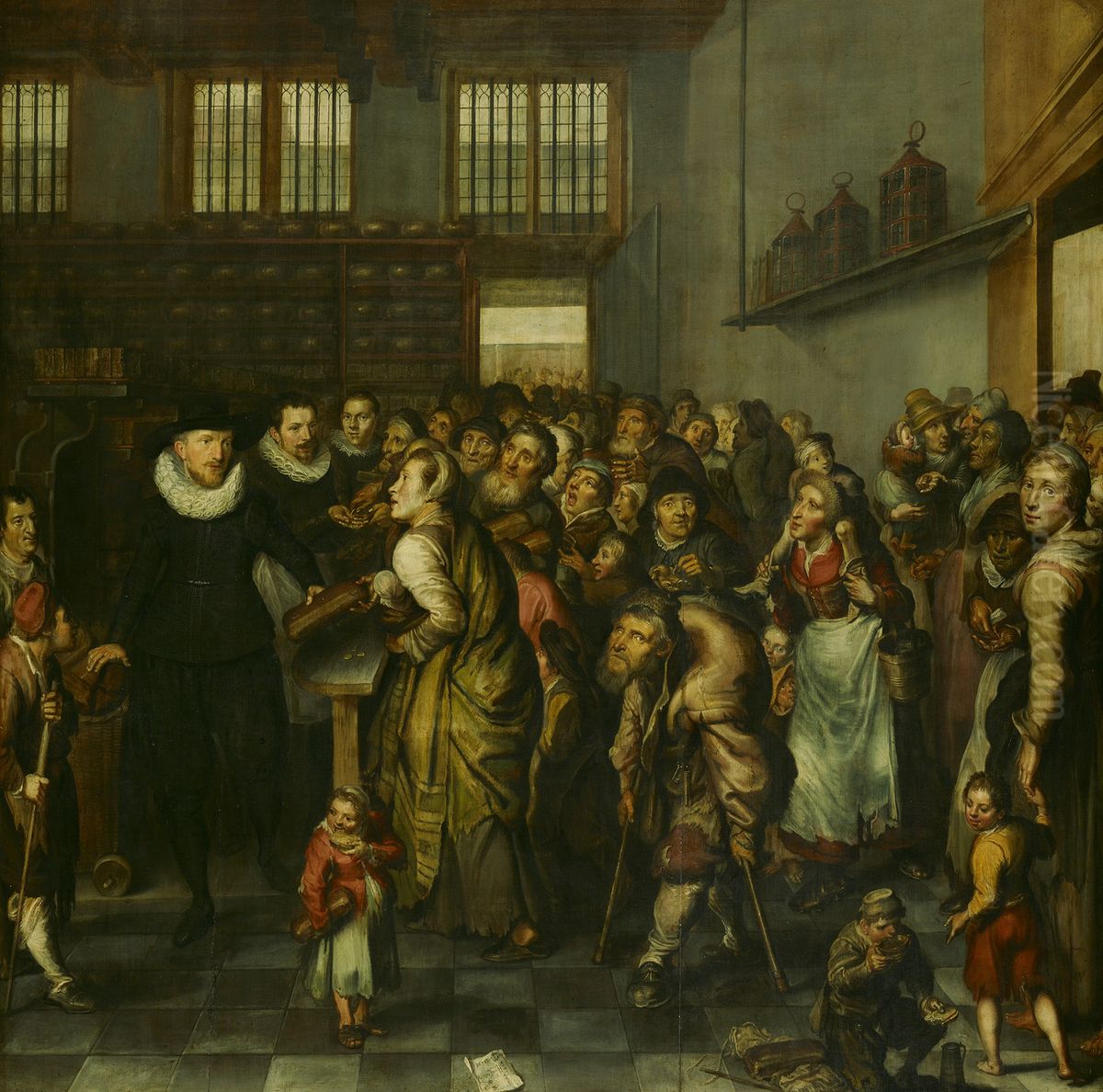 Uitdeling van brood in het Aalmoezeniershuis-Distributing Bread in the Almshouse Oil Painting by Werner van den Valckert