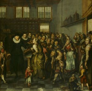 Uitdeling van brood in het Aalmoezeniershuis-Distributing Bread in the Almshouse