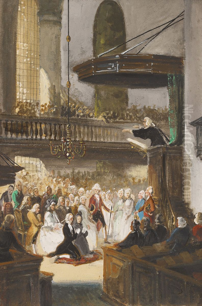 1793, huwelijksplechtigheid echtpaar Wurfbain-Hurrelbrinck in de Waalse Kerk te Amsterdam Oil Painting by Nicolaas Pieneman