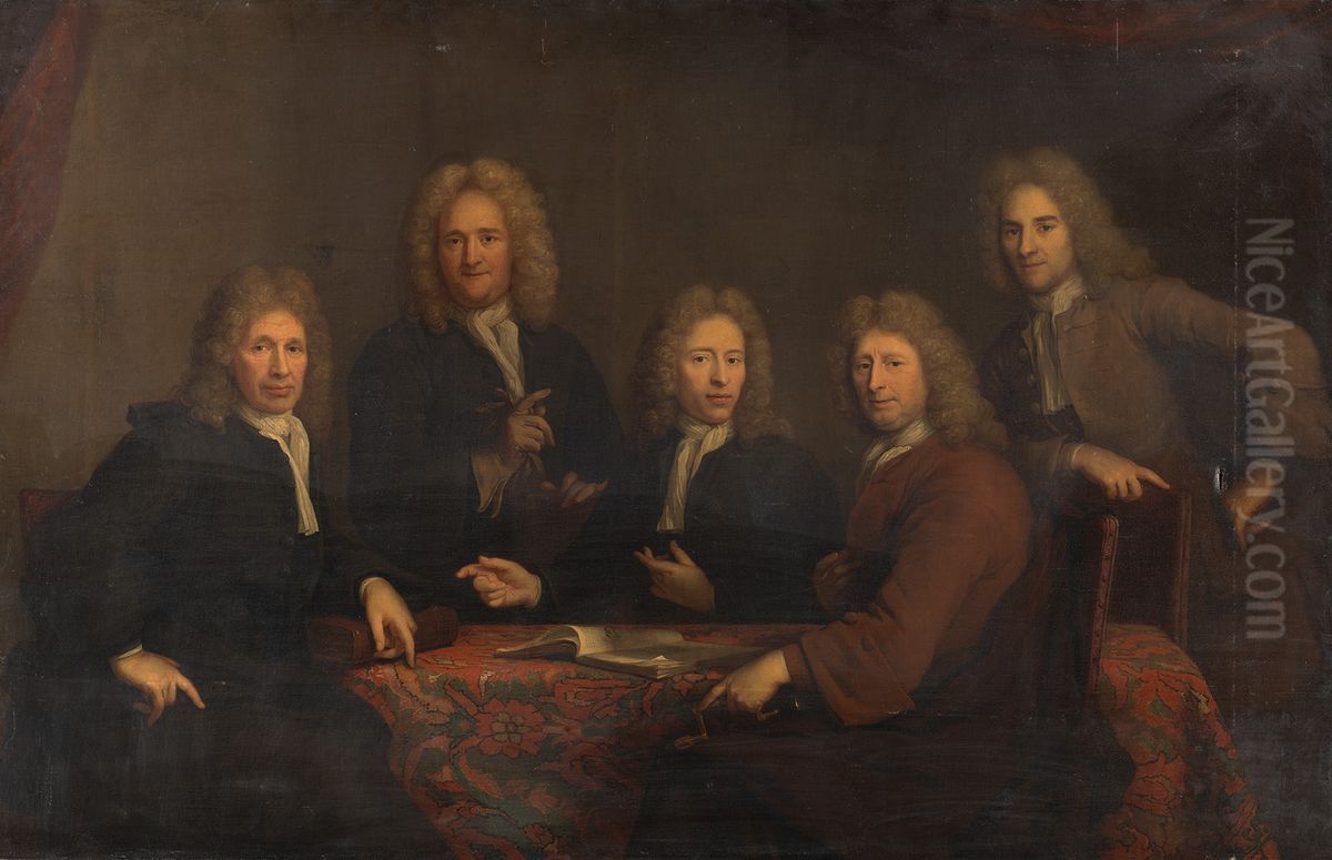 Group  portrait of five overlieden of the Chirurgijnsgilde Amsterdam Oil Painting by Arnold Boonen