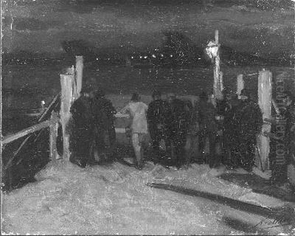 Leden van het gezelschap M.A.B. bij de aanlegsteiger van het voetgangersveer aan het IJ Oil Painting by Nicolaas Van Der Waay