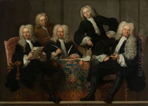 De regenten van het Oude Mannen- en Vrouwengasthuis-Vier regenten en de binnenvader van het Oude Mannen- en Vrouwengasthuis
