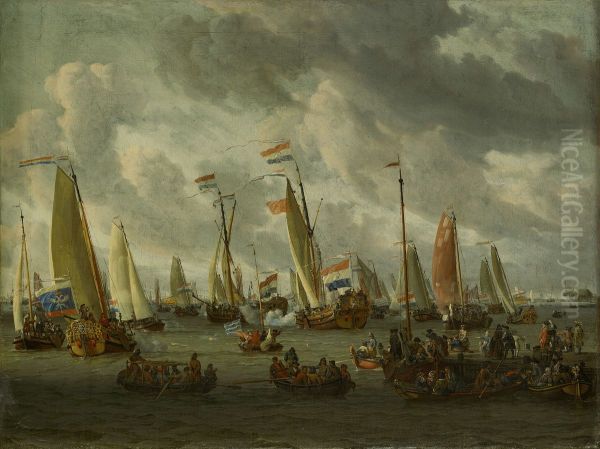 A mock sea battle on the IJ, in honour of the Russian ambassadors-Mock battle on the IJ on the occasion of Czar Peter the Great's visit, 1 September 1697 Oil Painting by Abraham Storck