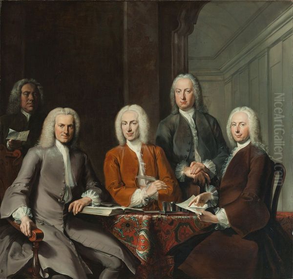 De regenten van het Oudezijds Huiszittenhuis-Vier regenten en de binnenvader van het Oudezijds Huiszittenhuis Oil Painting by Cornelis Troost