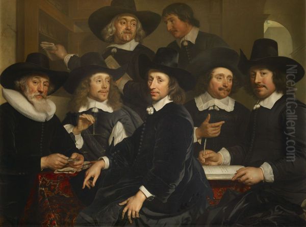 De regenten van het Oudezijds Huiszittenhuis-Zes regenten en de binnenvader van het Oudezijds Huiszittenhuis-Zes regenten en een bode Oil Painting by Jurgen Ovens