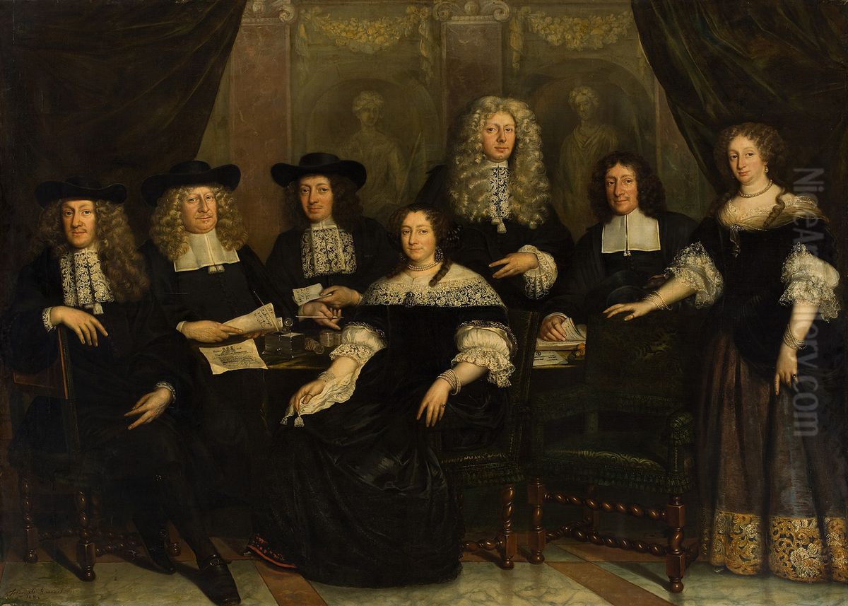 Vijf regenten en twee regentessen van het Spin- en Nieuwe Werkhuis Oil Painting by Jan de Baen