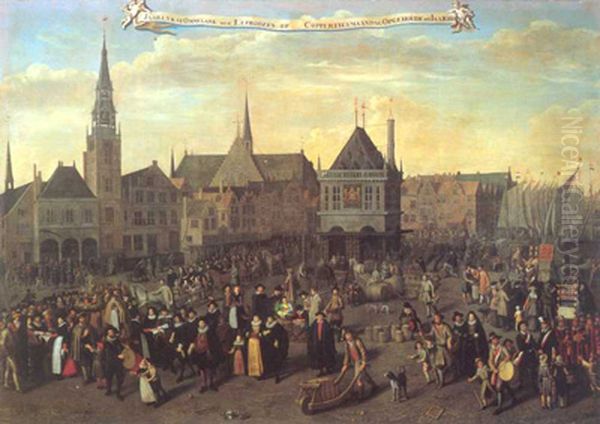 De Dam in 1604 tijdens de laatste Leprozenommegang op Koppertjesmaandag Oil Painting by Adriaen van Nieulandt the younger