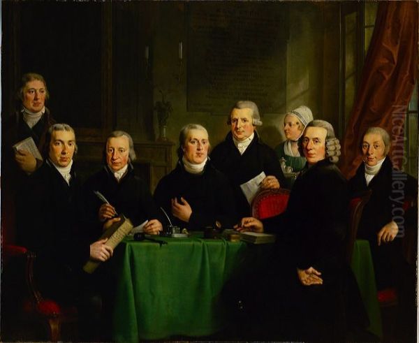 De regenten van het Nieuwezijds Huiszittenhuis-6 regenten v/h n.z. huisz.-aalm. armenhuis 1799-Four directors and the matron of an Amsterdam almshouse, 1806 Oil Painting by Adriaan de Lelie