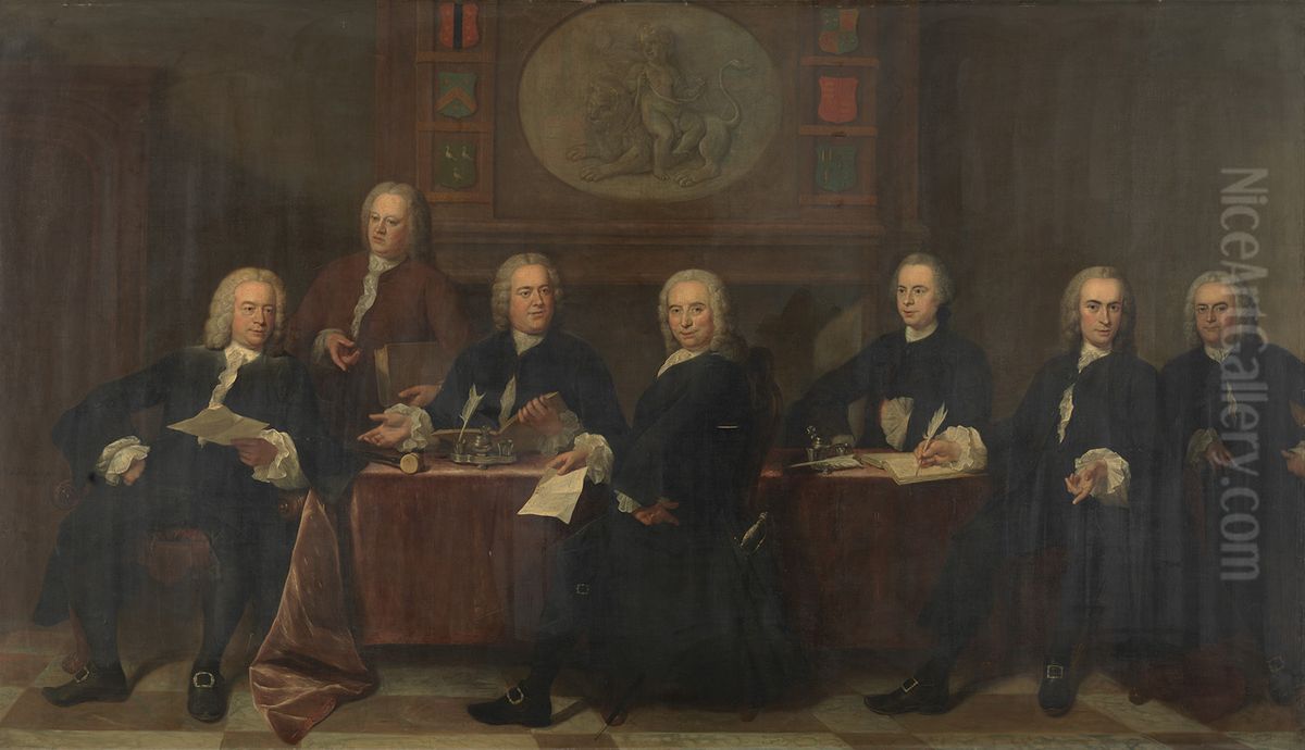 De regenten van het Spin- en Nieuwe Werkhuis-Zes regenten en de vader van het Spin- en Nieuwe Werkhuis Oil Painting by Jan Maurits Quinkhard