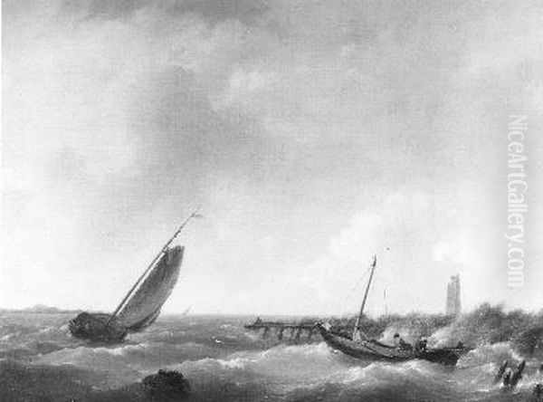 Woelig water, op de voorgrond een voor anker liggend vissersschip Oil Painting by Hermanus Koekkoek