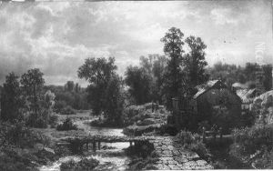 Een watermolen in een boomrijk landschap bij regenachtig weer
