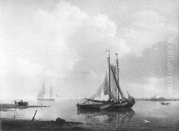 Een stil water met vissersschepen Oil Painting by Hermanus Koekkoek
