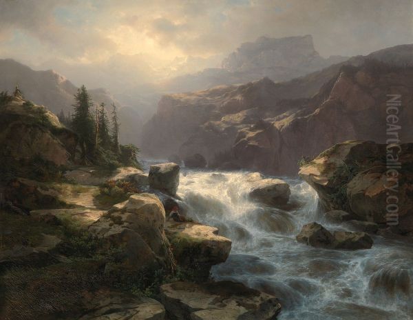 Waterval van de Handeck aan de Grimsel Oil Painting by Alexandre Calame