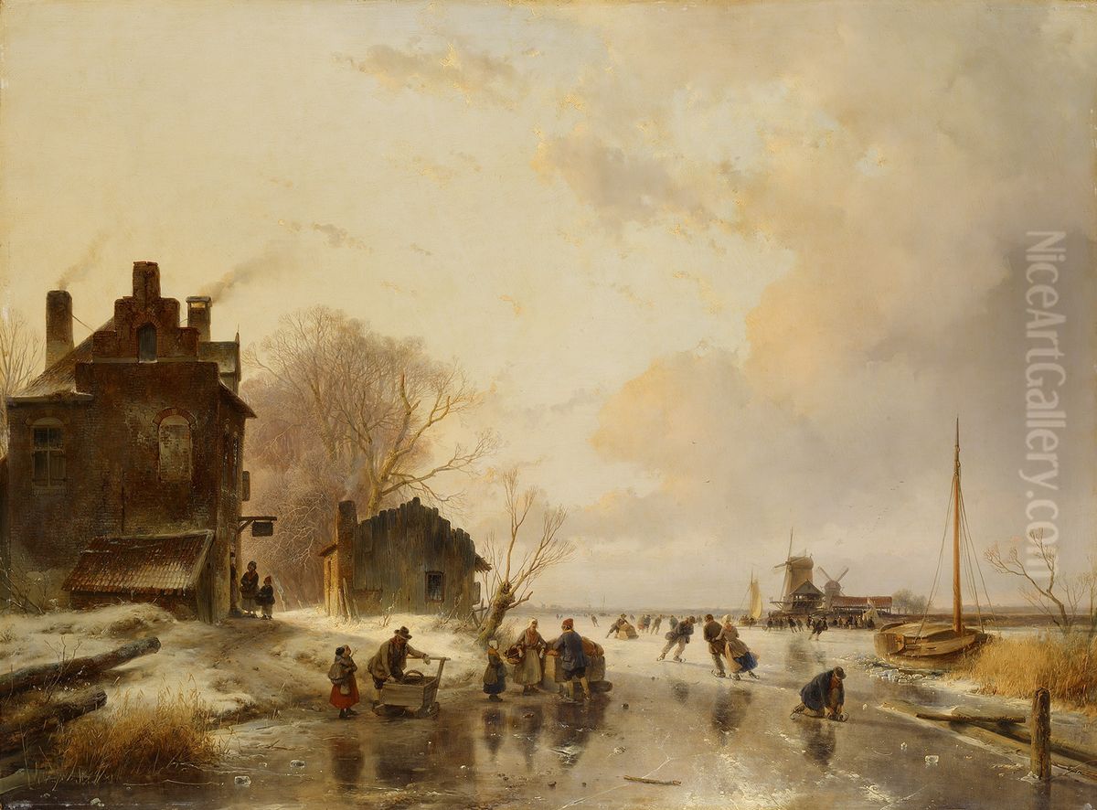Een boerenherberg en eene schuur aan eene bevrozen rivier, rijk gestoffeerd met ijssleden en schaatsenrijders Oil Painting by Andreas Schelfhout