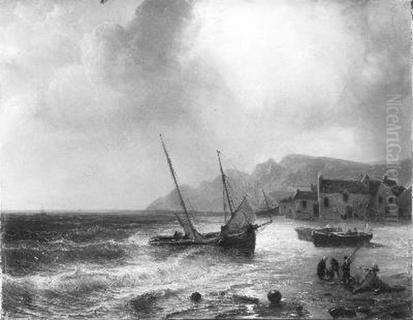 Een vissersdorp aan de Franse kust Oil Painting by Theodore Gudin