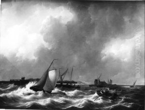 Het havenhoofd te Bath bij onstuimig weer, links een uitzeilende Tholense boot