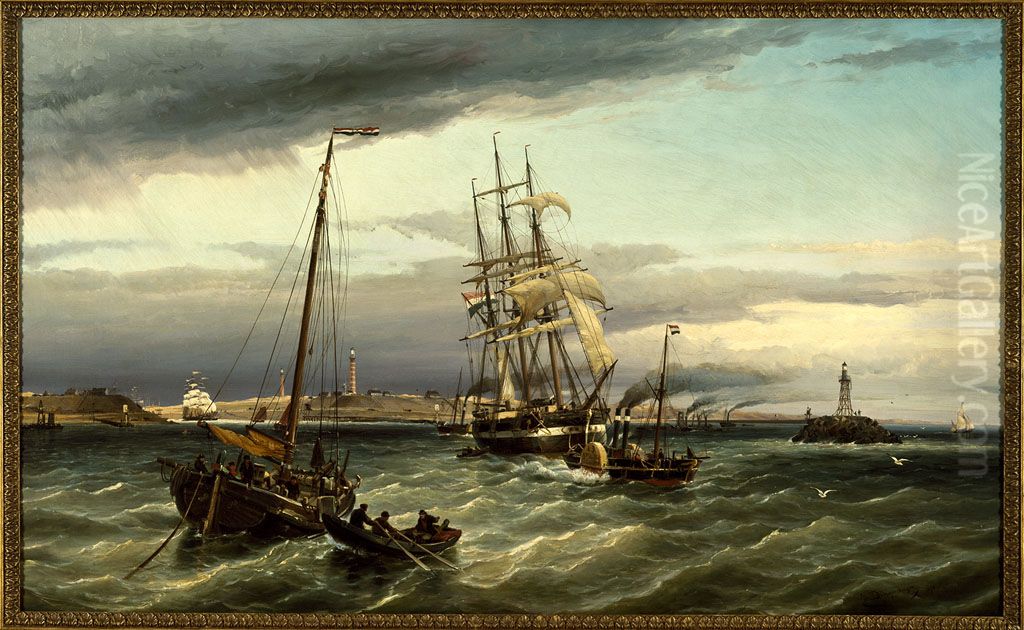 IJmuiden gezien van het einde der Noordpier Oil Painting by Cornelis Christiaan Dommersen