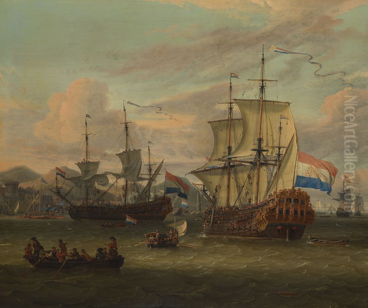 Hollandse straatvaarders bij een haven aan de Middellandse Zee-Hollandse straatvaarders bij een Middellandse-Zeehaven-Zeegezicht Oil Painting by Abraham Storck
