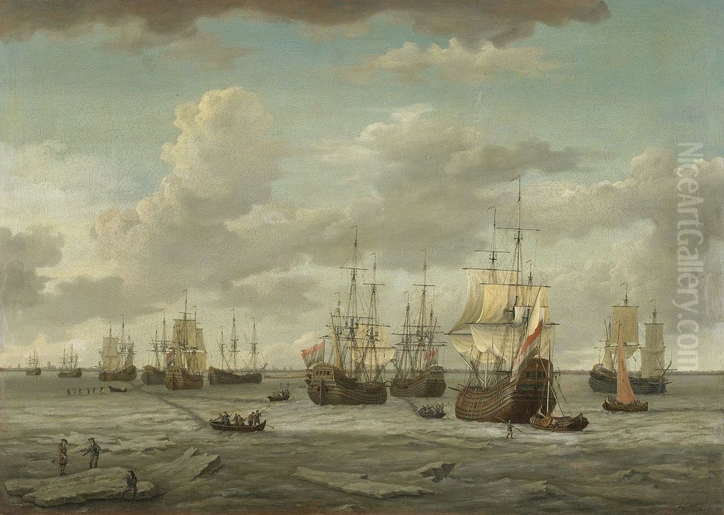 Het IJ met een vloot walvisvaarders gezien vanaf het bolwerk Blauwhoofd-Het bevroren IJ in de winter van 1728/29 met vastgevroren walvisvaarders, van het Blauwhoofd af gezien-Whalers in the Frozen Port of Amsterdam Oil Painting by Adam Silo