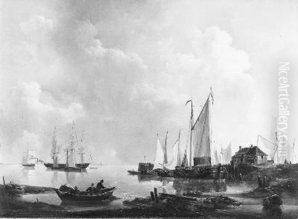 Een stil water, rechts verschillende schepen bij een havenhoofd (Gezicht op Hellevoetsluis) Oil Painting by Johannes Christiaan Schotel