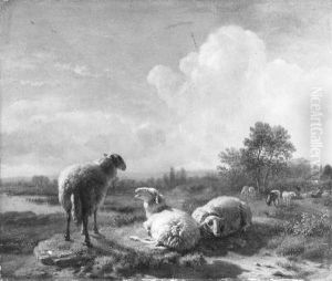 Grazende en rustende schapen in een vlak landschap