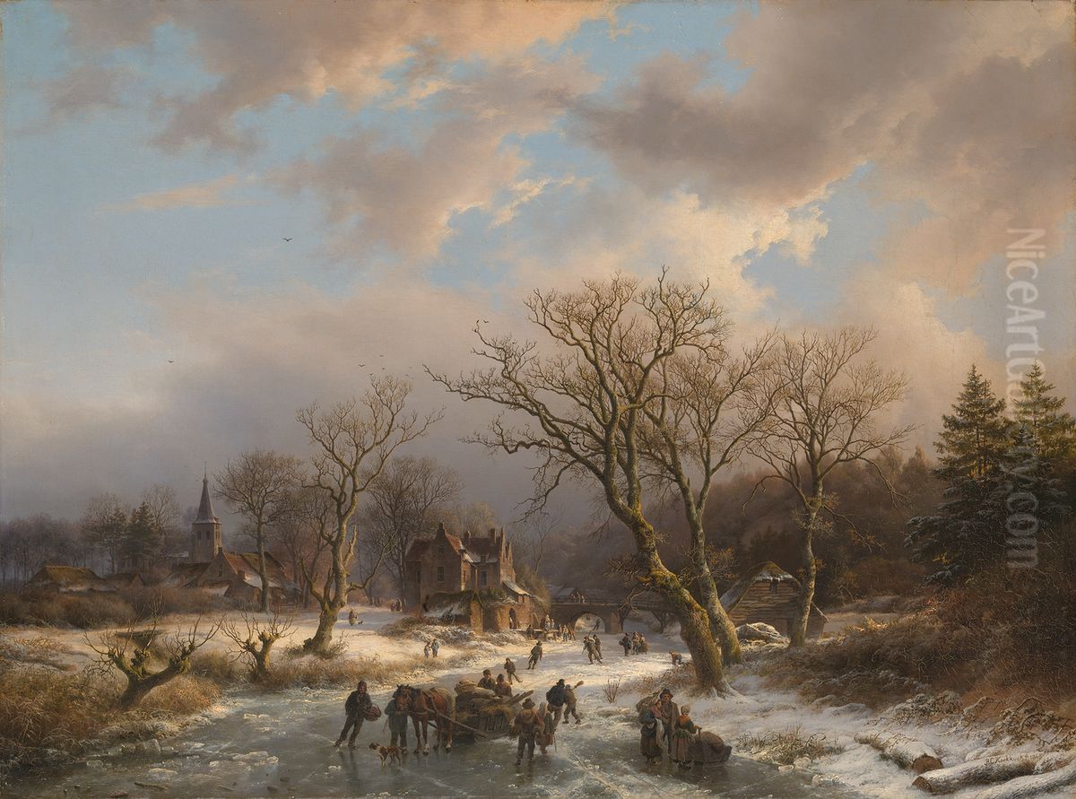 Village d'autrefois en bordure d'un cour d'eau gele Oil Painting by Barend Cornelis Koekkoek