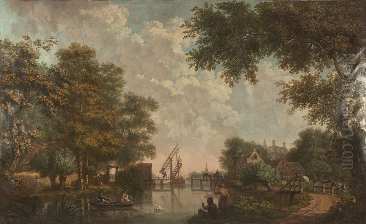 Vijf behangsels met Hollandse landschappen en een trompe-l'oeil van een sierpot, behorend bij de zaal van de Nieuwe Doelenstraat 22 Oil Painting by Jurriaen Andriessen