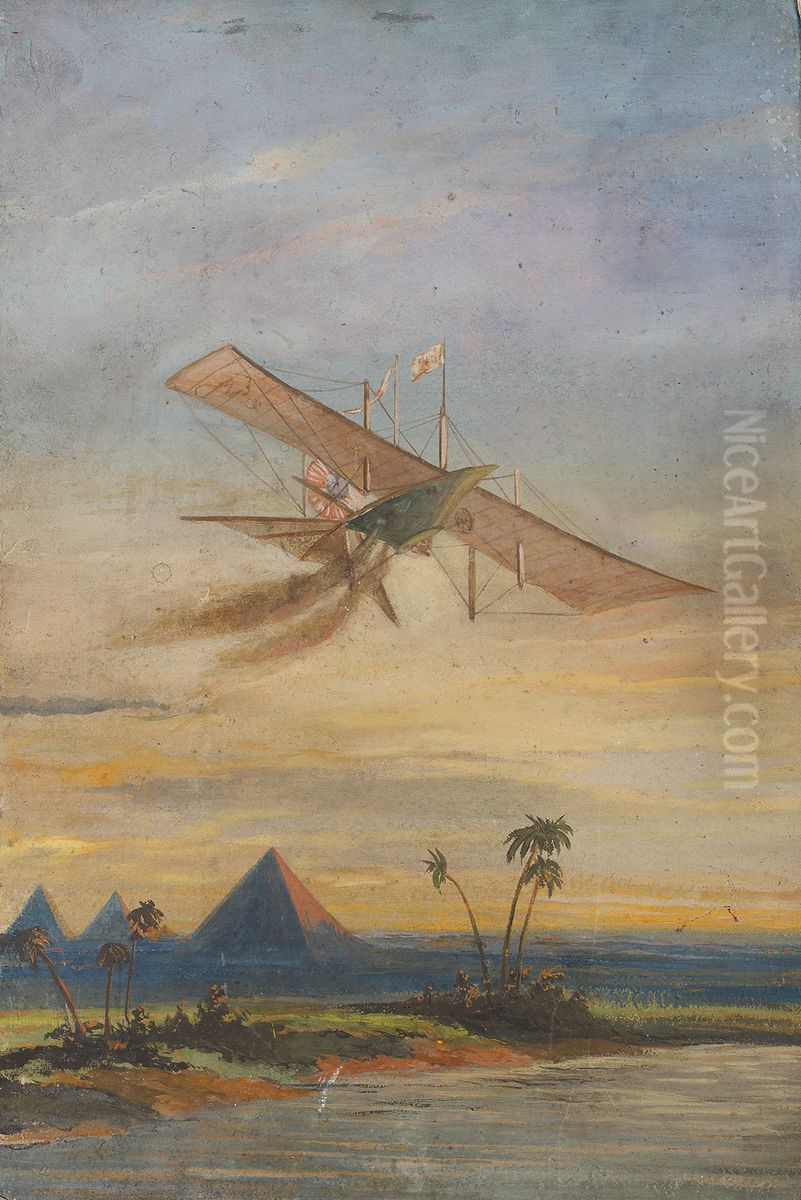 1843, stoomluchtschip van Henson tijdens een proefvlucht in Egypte-Kroniek van echtpaar Joh. Samuel Wurfbain (1770-1851) en Anna Maria Geertruida Hurrelbrinck (1772-1850), bij gelegenheid van hun gouden bruiloft Oil Painting by Nicolaas Pieneman