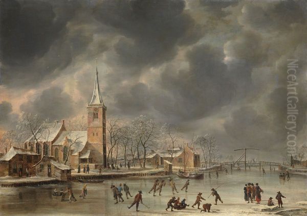 Wintergezicht Ouderkerk aan de Amstel Oil Painting by Jan Abrahamsz Beerstraaten