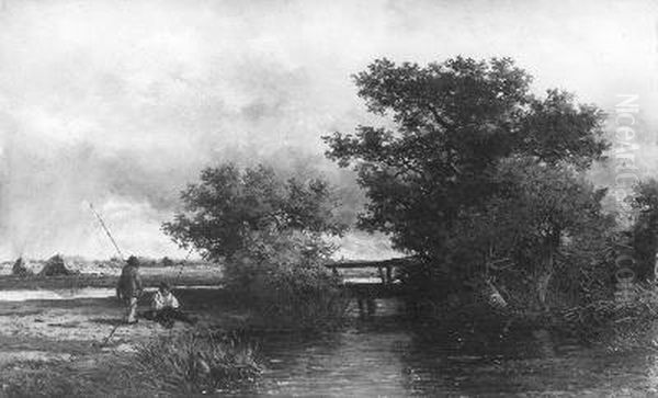 Twee henglaars aan een sloot in een Hollands landschap Oil Painting by Willem Roelofs