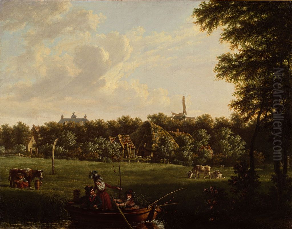 De hofstede Hartenlust met een roeiboot op de voorgrond Oil Painting by Jan Kamphuysen
