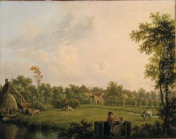 De hofstede Hartenlust met een dame en heer op de voorgrond Oil Painting by Jan Kamphuysen